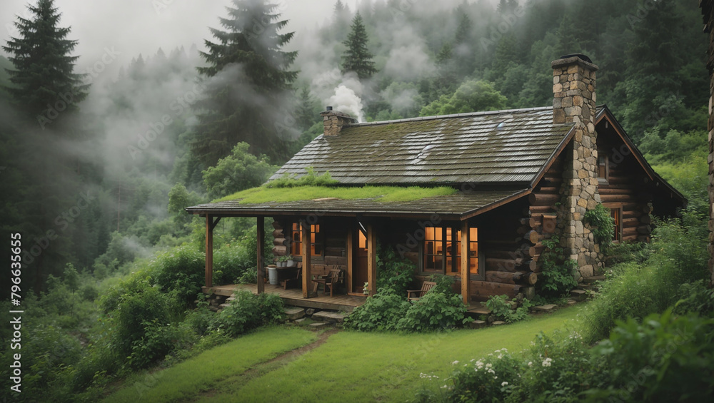 A small wooden cabin in the woods. The cabin is surrounded by trees and has a green roof. There is a path leading up to the cabin. It's foggy outside.

