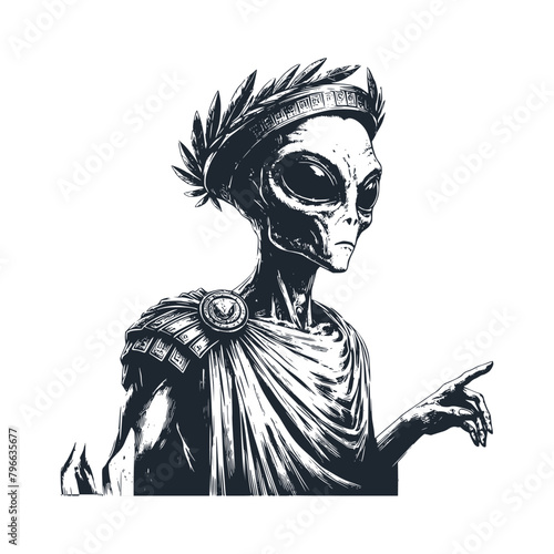 The alien wear a rome senator suit. Black white vector illustration. photo