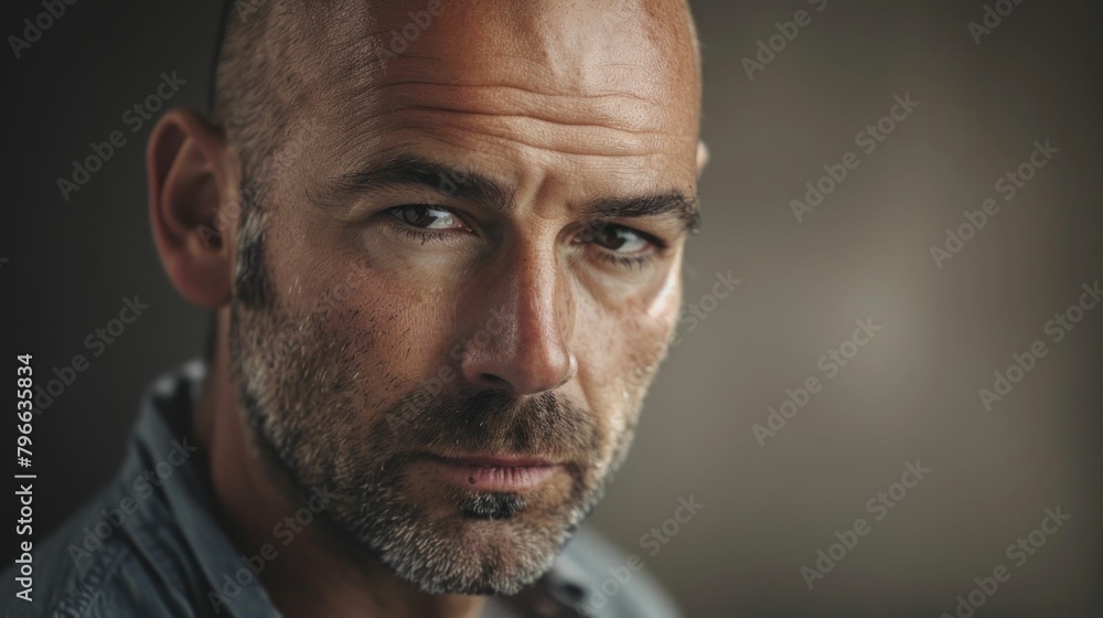 Serious bald man with beard looking into the camera in closeup portrait shot Serious bald man with beard looking into the camera in closeup portrait shot