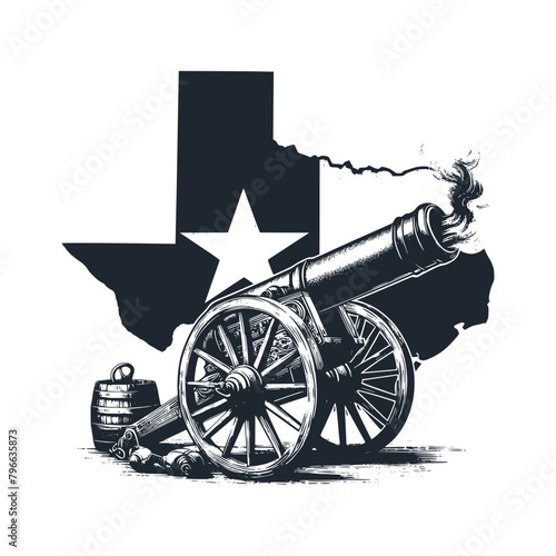 The Texas map and old cannon. Black white vector illustration. photo