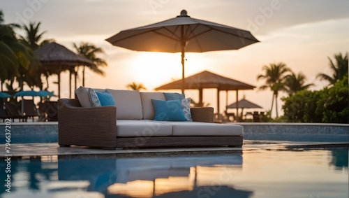Sofa beside swimming pool in beach resort with beautiful afternoon sky. Ai Generative.