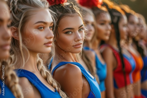 Close-up on a group of female cheerleaders, showcasing diversity and unity in blue and red uniforms © Larisa AI