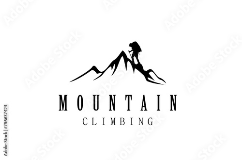 Mountain climber wearing a rucksack and carrying a stick, illustration logo design photo