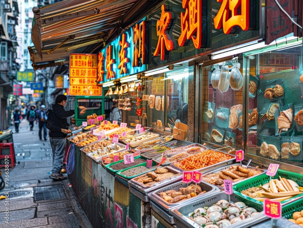 Street vendor selling local delicacies in Hong Kong, with colorful signage and bustling activity.