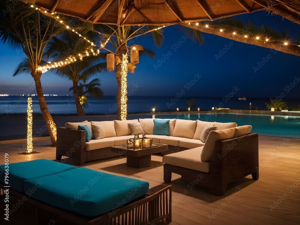 Sofa beside swimming pool in beach resort with beautiful night sky. Ai Generative.