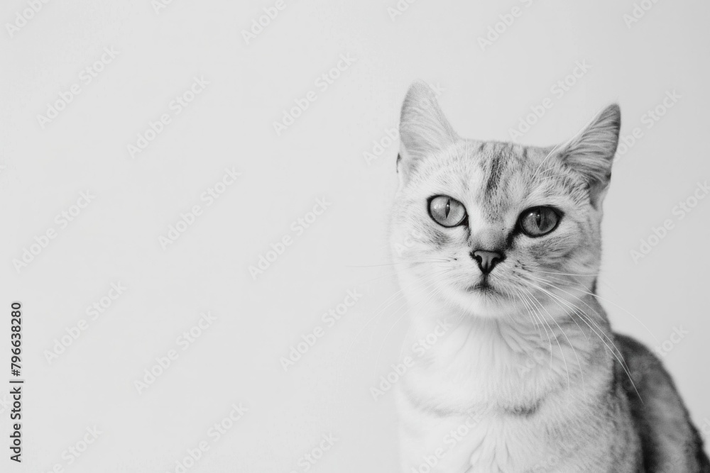 Majestic black and white feline sitting on a white surface, locking eyes with the camera