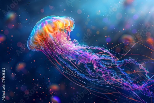 Fantasy Glowing Jellyfish, Bright Underwater Creature, Abstract Jelly Fish, Neon Animals © artemstepanov