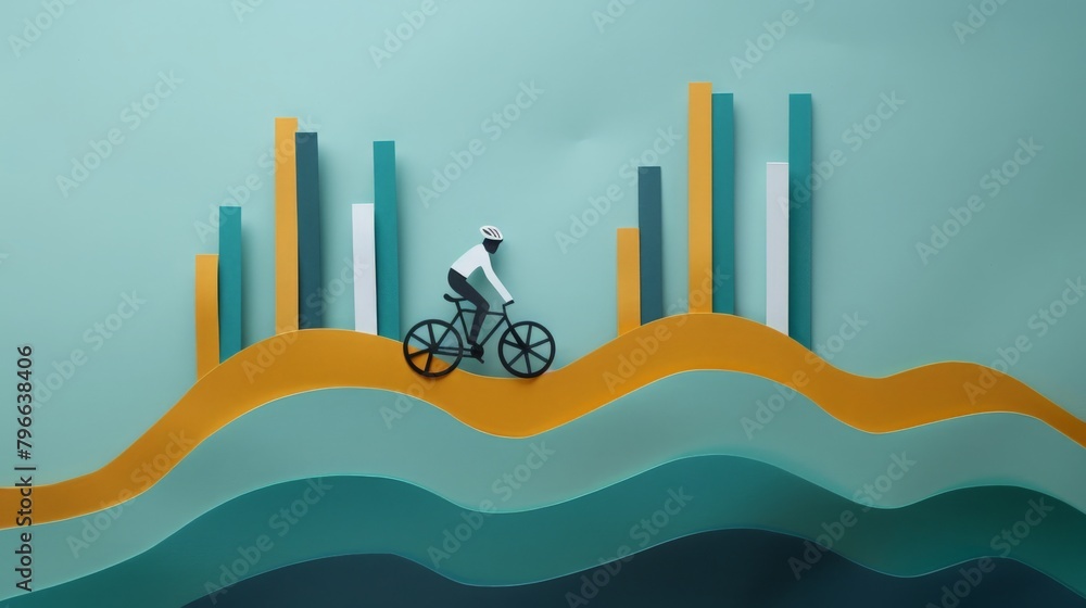 Papercut man riding bicycle on bar chart. Cyclist overcome diagram ...