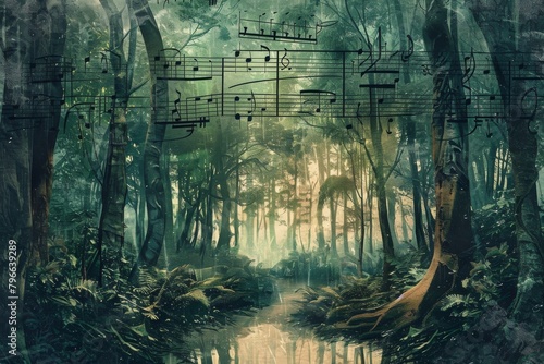 Rain Forest Music Collage, Jungles Melody, Classic Musical Surreal Poster, Trees, Plants Music Concept © artemstepanov