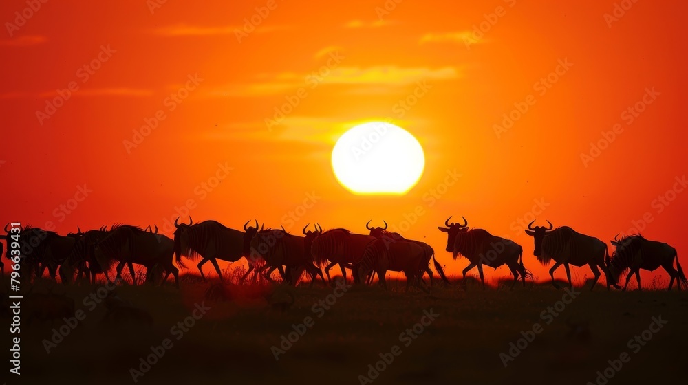 A herd of wildebeest silhouetted against the setting sun as they make their annual migration across the African plains.. A herd of wildebeest silhouetted against the setting sun as they make their annual migration across the African plains..