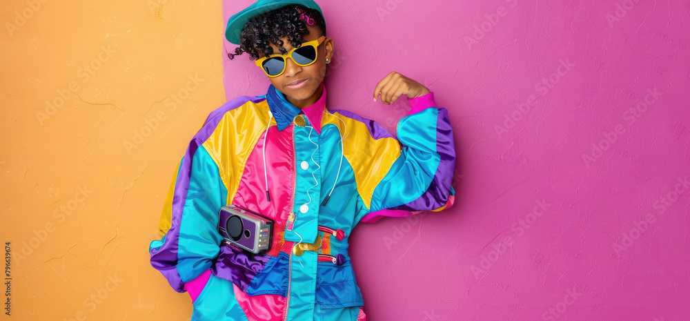 Young African American woman in a bright multi-colored tracksuit in retro 90s style, banner Young African American woman in a bright multi-colored tracksuit in retro 90s style, banner