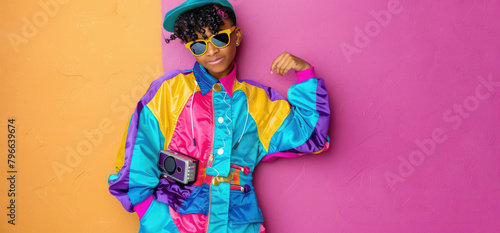 Young African American woman in a bright multi-colored tracksuit in retro 90s style, banner