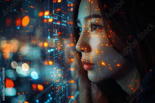 Woman appears transfixed by a mesmerizing array of digital bokeh lights, evoking themes of future and technology photo