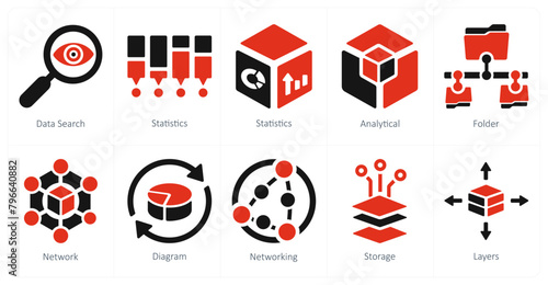 A set of 10 Big Data icons as data search, statistics, analytics © popcornarts