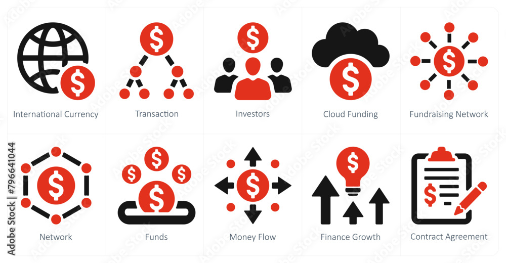 A set of 10 crowdfunding icons as international currency, transation, investors