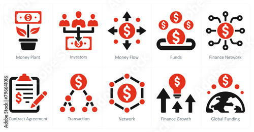 A set of 10 crowdfunding icons as money plant, investors, money flow