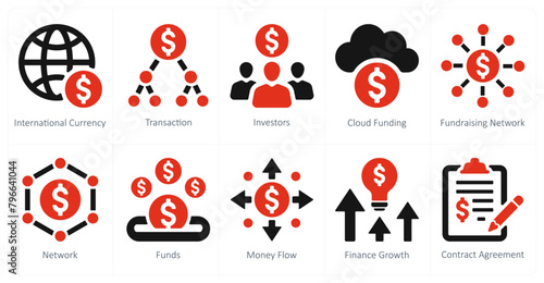 A set of 10 crowdfunding icons as international currency, transation, investors