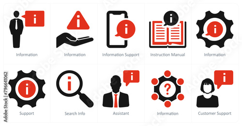 A set of 10 Customer Support icons as nformation, information support, instruction manual