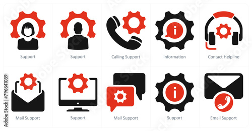 A set of 10 Customer Support icons as support, calling support, information, contact helpline