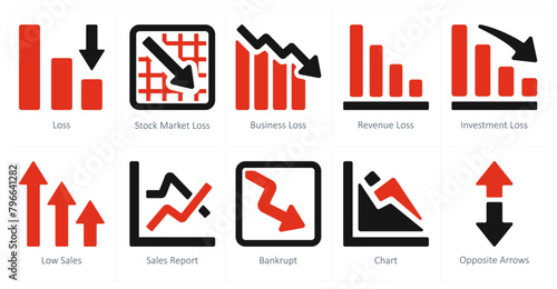 A set of 10 Diagrams and Reports icons as loss, stock market loss, business loss