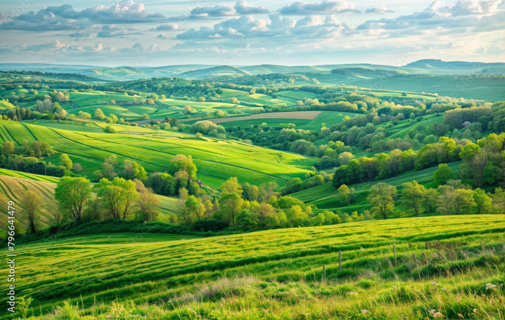 Vue de cultures au printemps, Champs labourés et d'arbres sur colline verdoyantes Vue de cultures au printemps, Champs labourés et d'arbres sur colline verdoyantes