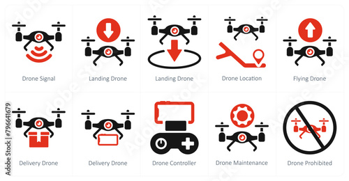 A set of 10 Drone icons as drone signal, landing drone, drone location