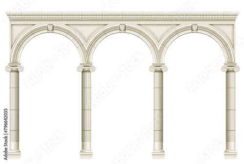 Antique white colonnade with Ionic columns. Three arched entrance or niche. Vector graphics photo