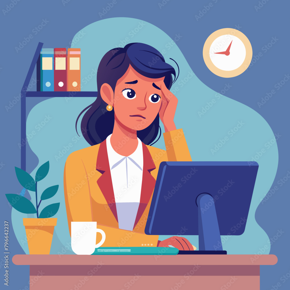 Business woman holding her head while looking at computer. Business woman holding her head while looking at computer.