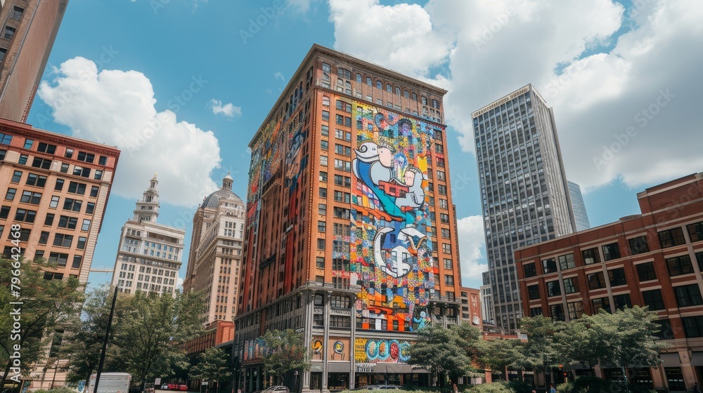 Fototapeta premium Vibrant urban mural transforms city building, adding color and character to the urban landscape