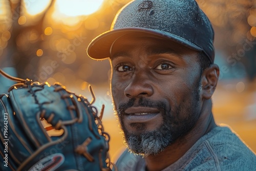 Confident African American baseball player holding a glove, golden light illuminating his face photo