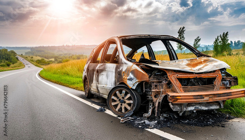 Close-up of a broken and burnt car with smashed metal after the fire on an asphalt road in the countryside. Dramatic accident concept. Generative Ai.