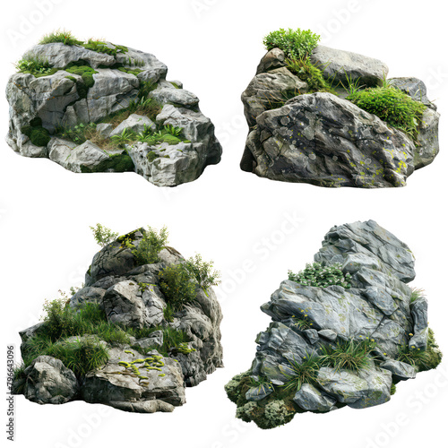 Mossy Rocks on Grassland Cut-Out, The Rock and Grass Landscape, Rock and Moss on Grassy Hill, Isolated on Transparent Background