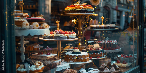 Assorted cakes in a shop window