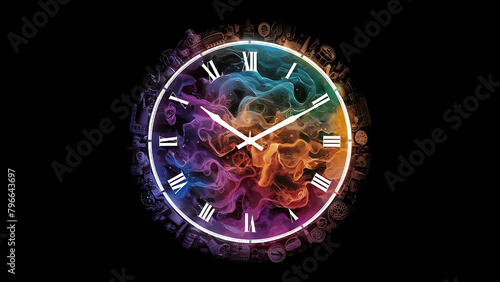 illustration of a colorful clock against a dark black background, AI Generative