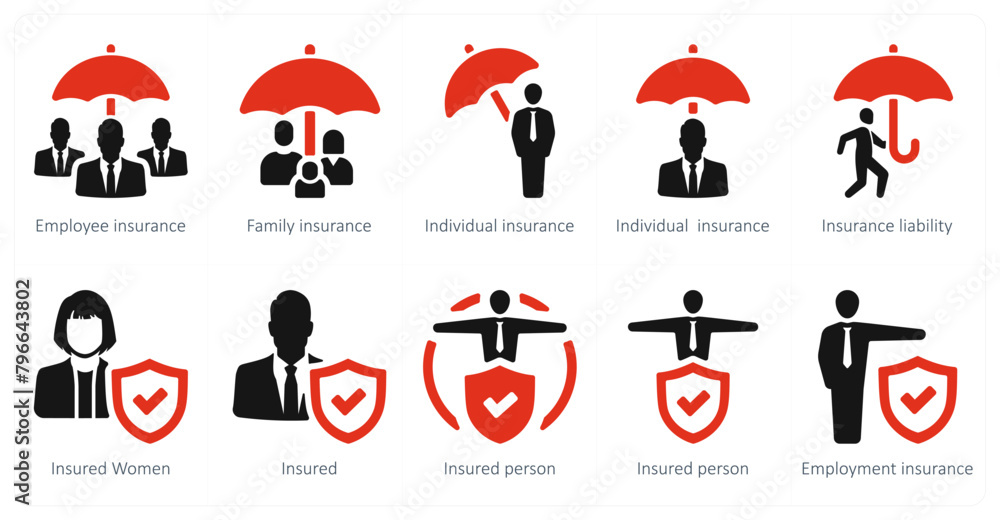 Fototapeta premium A set of 10 Insurance icons as employee insurance, family insurance, individual insurance