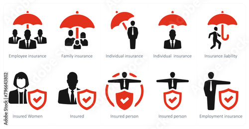 A set of 10 Insurance icons as employee insurance, family insurance, individual insurance