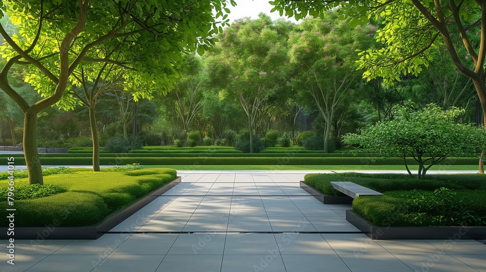 Fototapeta premium Walkway In The Park With Greenery And Trees.