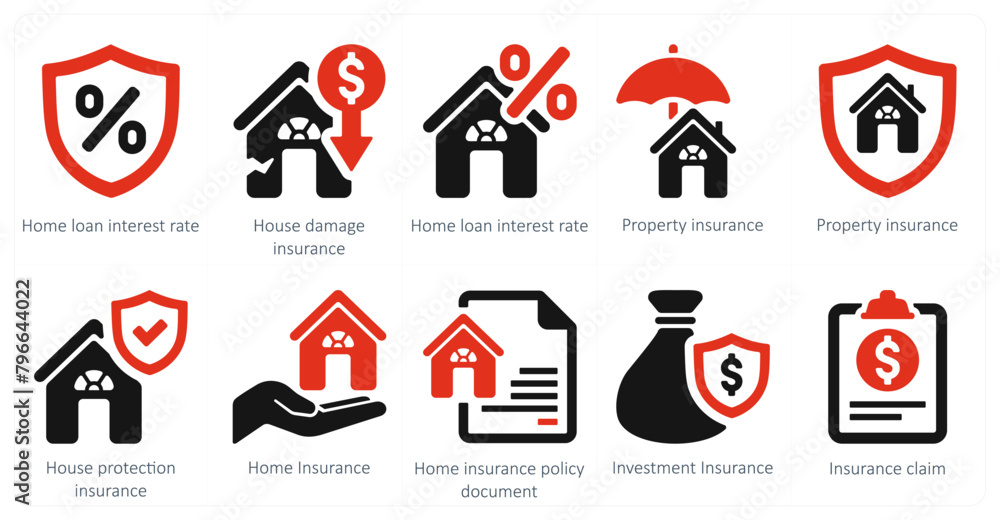 A set of 10 Insurance icons as home loan interest rate, house damage insurance, property insurance