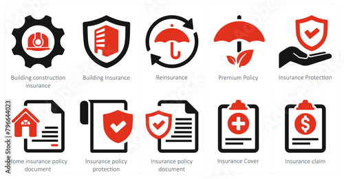 A set of 10 Insurance icons as building construction insurance, building insurance, reinsurance