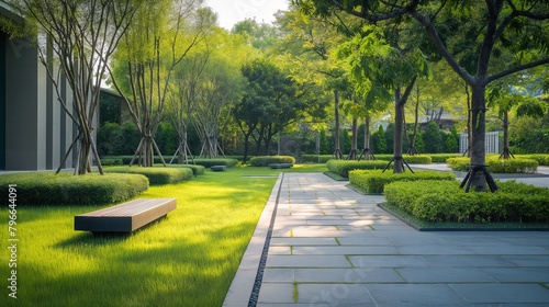 Walkway In The Park With Greenery And Trees.