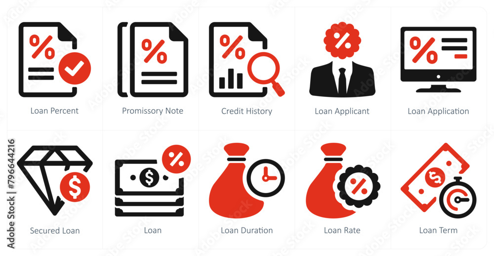Fototapeta premium A set of 10 Loan and Debt icons as loan percent, promissory note, credit history