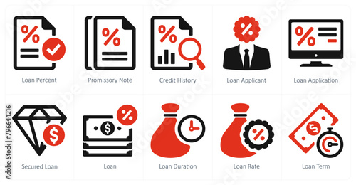 A set of 10 Loan and Debt icons as loan percent, promissory note, credit history