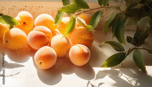 Several ripe apricots are neatly arranged on top of a table.