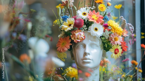 A mannequin head is elegantly decorated with vibrant spring flowers, creating an artistic and festive representation of the season 