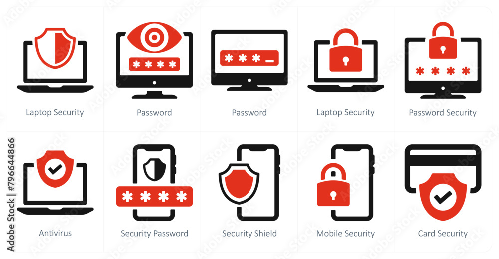 A set of 10 Security icons as laptop security, password, antivirus A set of 10 Security icons as laptop security, password, antivirus