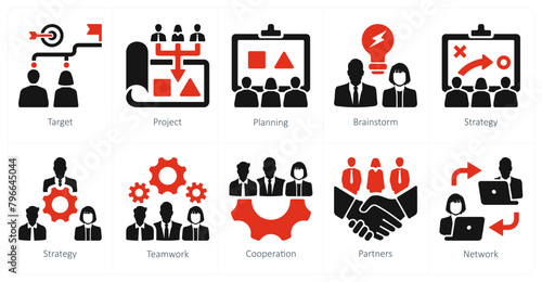 A set of 10 Teamwork icons as target, project, planning, brainstorm
