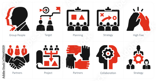 A set of 10 Teamwork icons as group people, target, planning