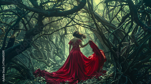 Countess in a long red dress is walking in a green  photo