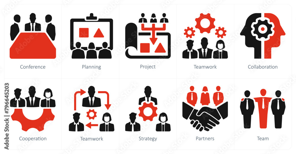Fototapeta premium A set of 10 Teamwork icons as conference, planning, project