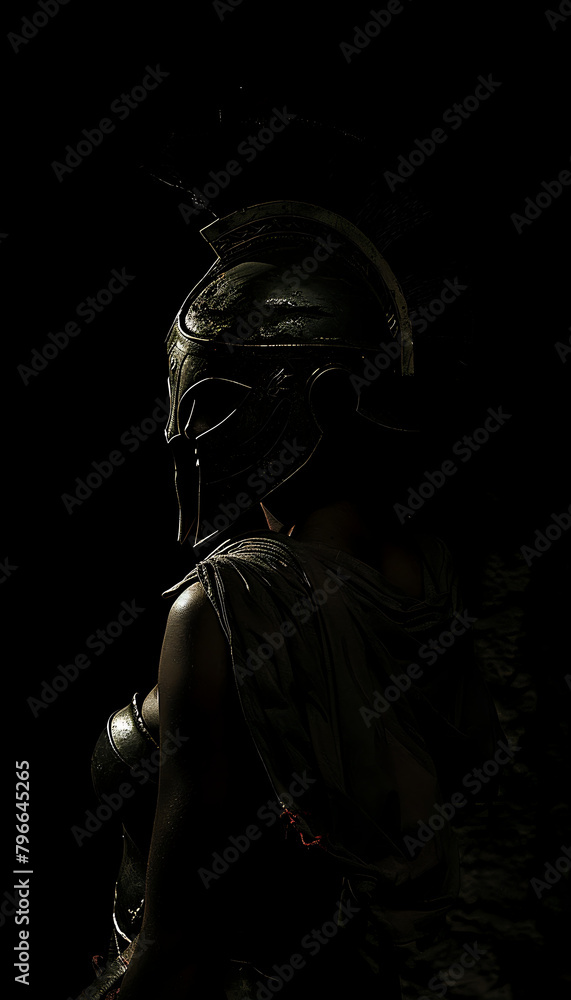 Female spartan warrior in complete darkness.